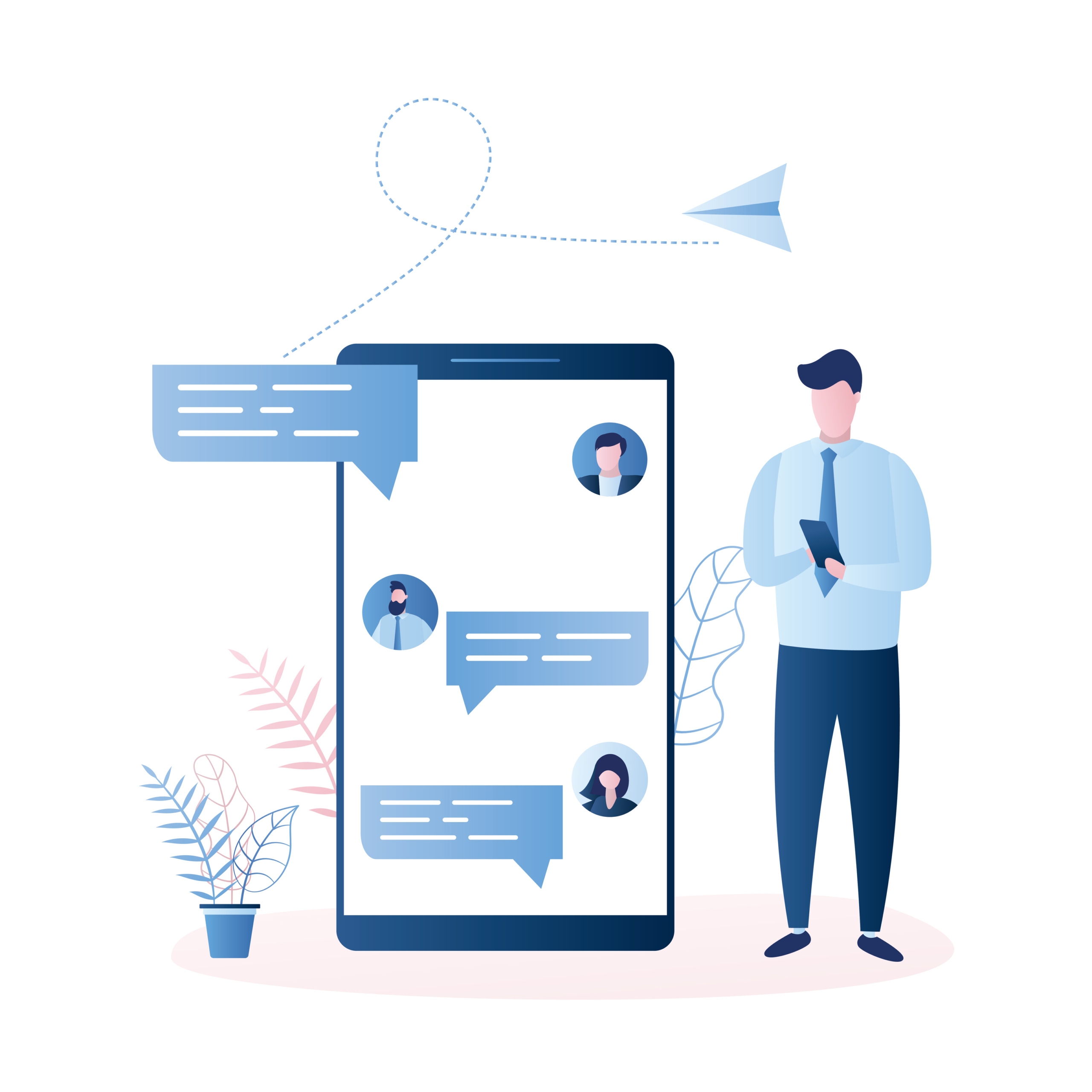 Online testimonials,big smartphone with speech bubbles and avatars, businessman with cellphone Online testimonials,big smartphone with speech bubbles and avatars, businessman with cellphone,trendy style vector illustration