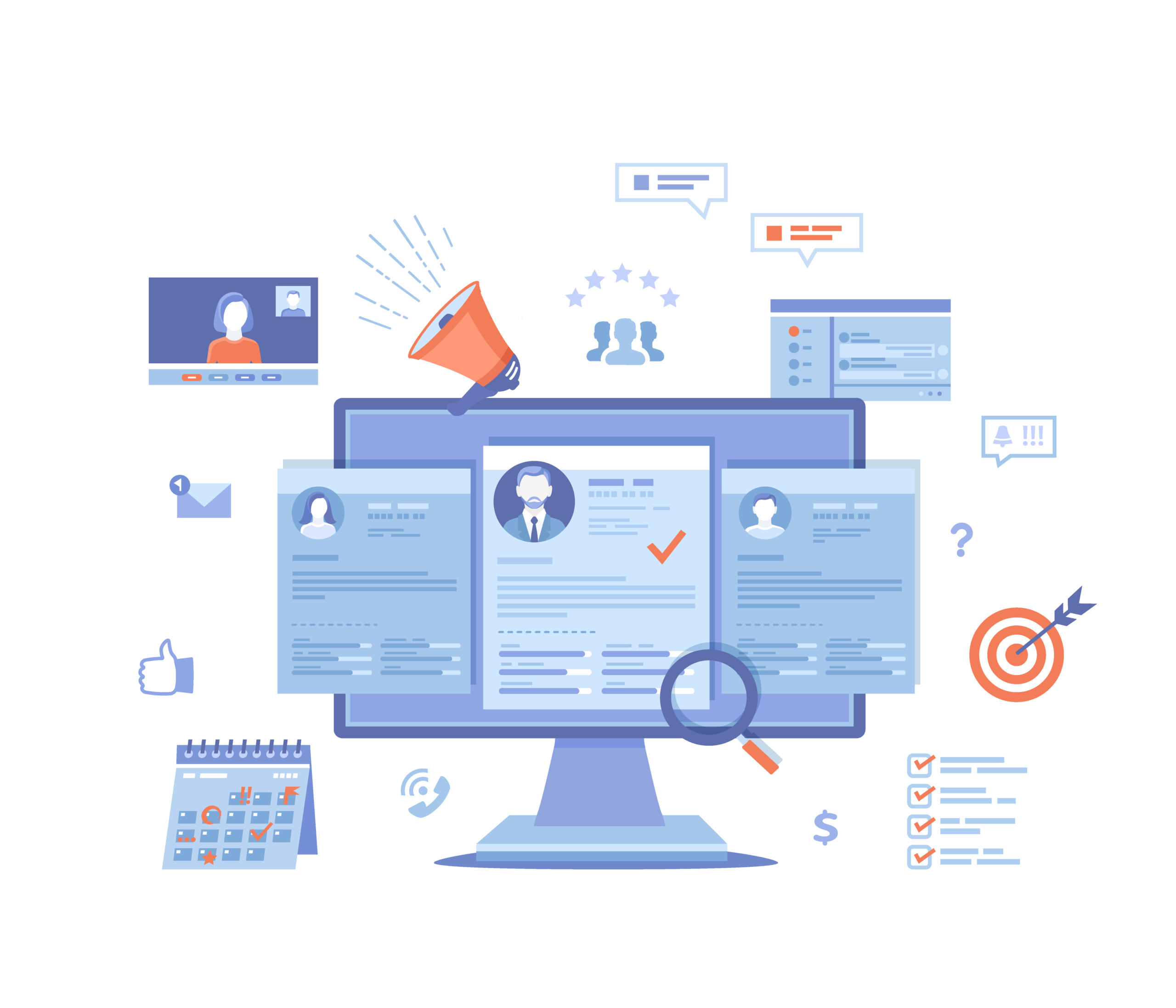Recruitment platform, agency, hr. Human resources, Employment, Selection of the best candidate. Resume, megaphone, computer, calendar, video connection, interview. Vector illustration on white Recruitment platform, agency, hr. Human resources, Employment, Selection of the best candidate. Resume, megaphone, computer, calendar, video connection, interview. Vector illustration on white