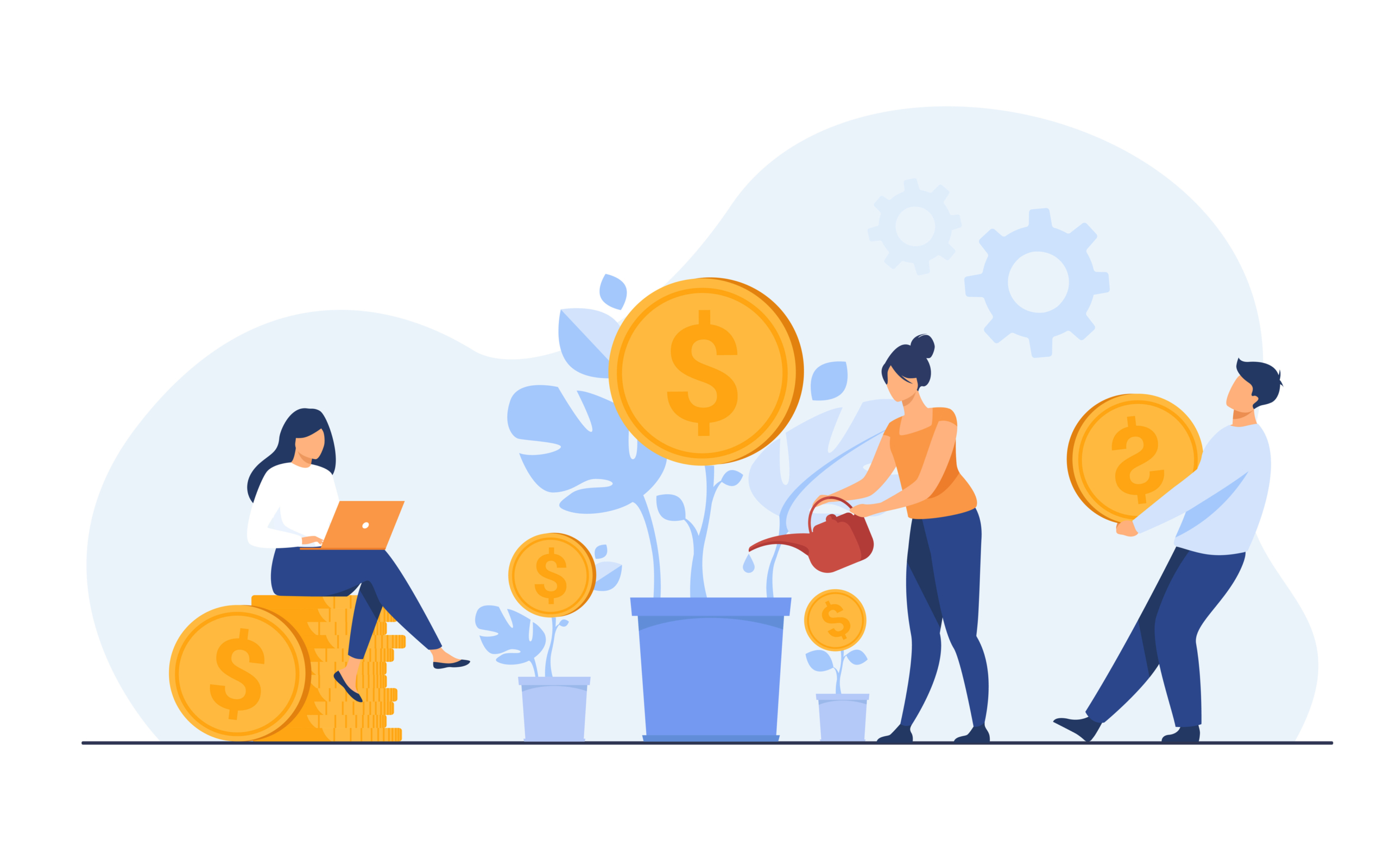 Young investors working for profit, dividend or revenue Young investors working for profit, dividend or revenue flat vector illustration. Cartoon employees investing capital. Investment, money and finance concept
