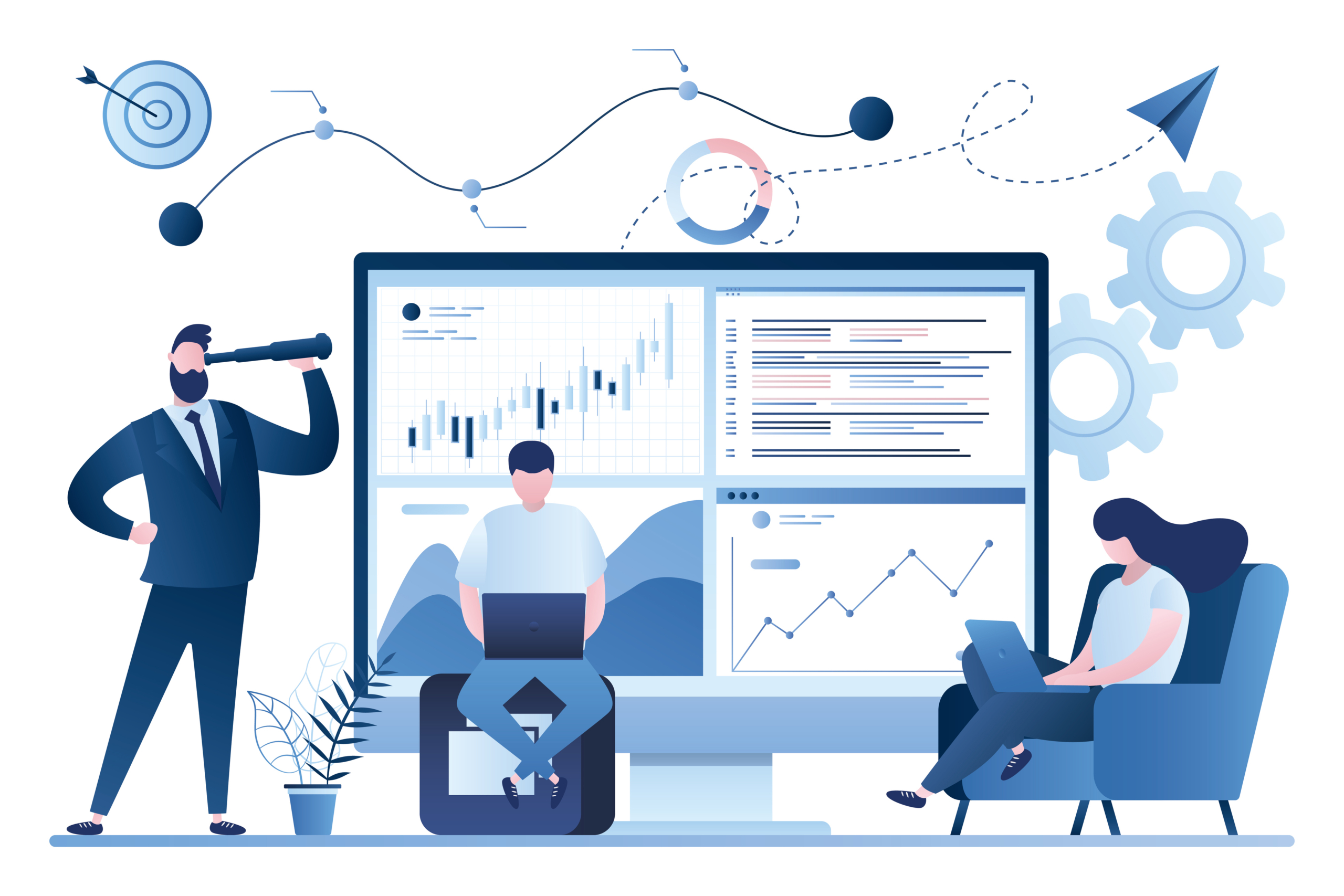 Stock market, financial analysis. Business analyst working. Profit, Revenue Forecast. Stock market, financial analysis. Business analyst working. Profit, Revenue Forecast. Businesspeople trade in financial markets. Male boss investor. Trendy style background. Vector illustration