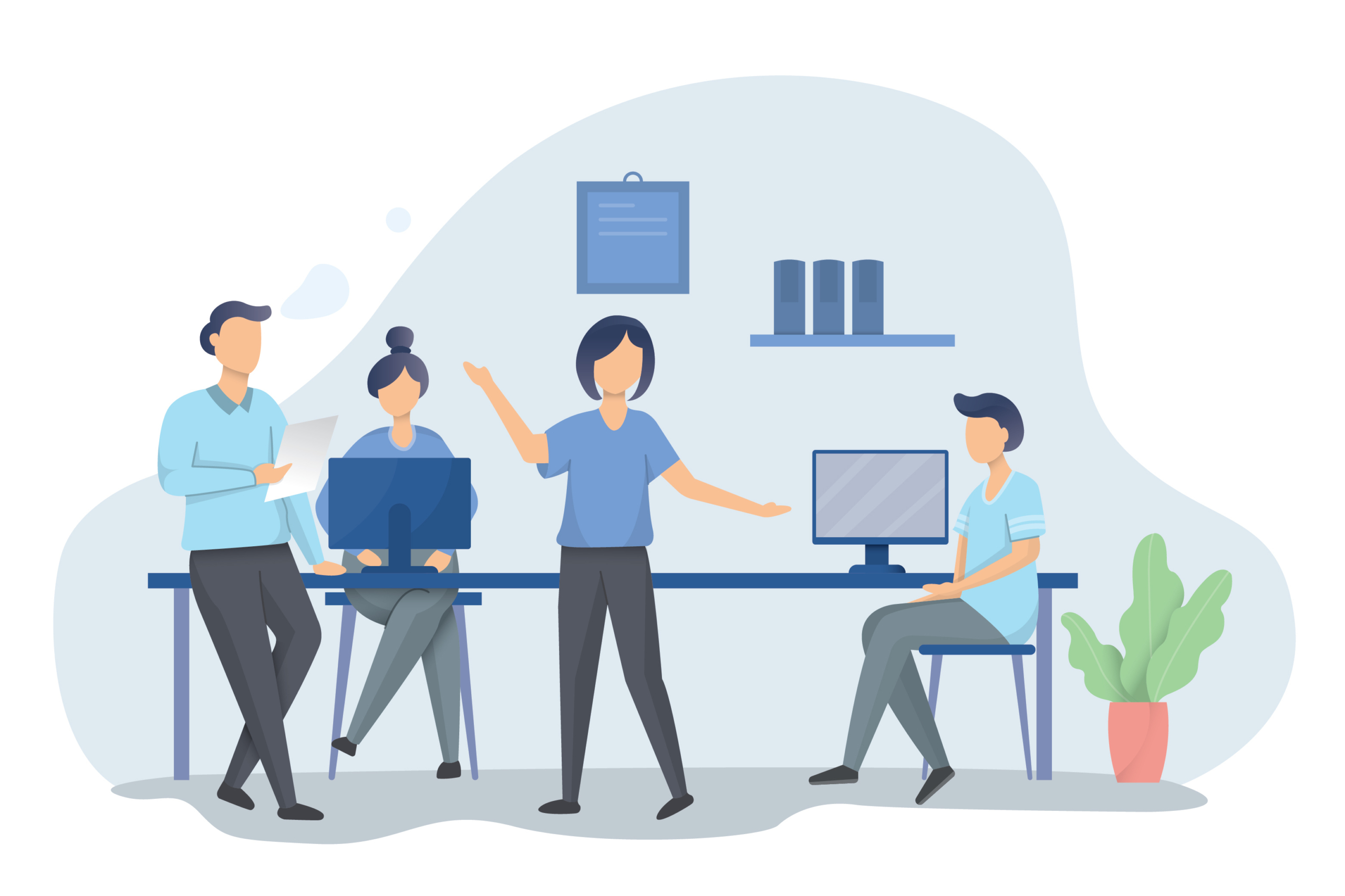 office workers sitting around table and discussing work issues Illustration of Group of people or office workers sitting around table and discussing work issues, Team working under project. Vector illustration in flat cartoon style.