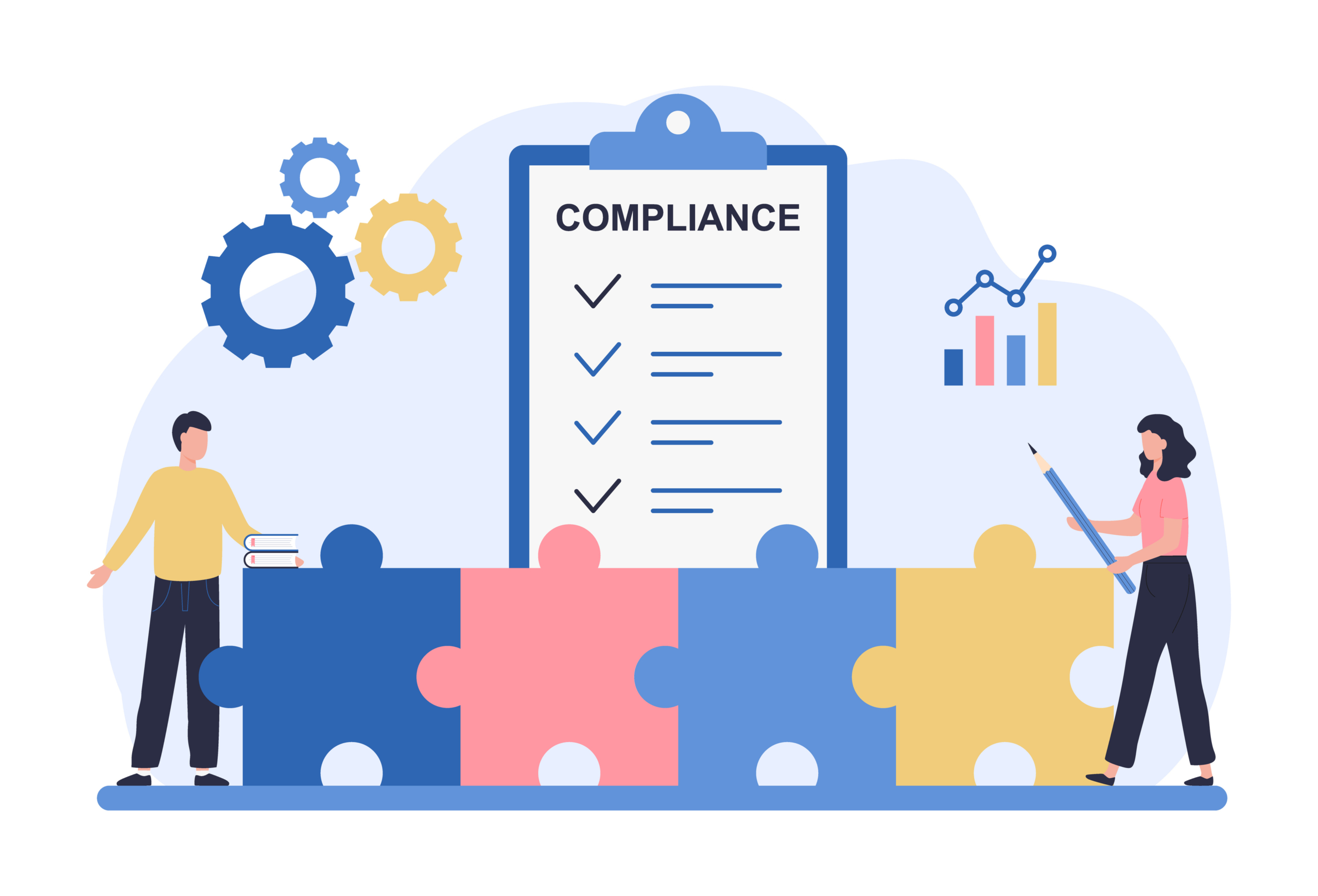 Regulatory compliance concept. Business people read laws, discuss changes, plan the implementation of rules and the development of the company. Flat vector illustration isolated on white background Regulatory compliance concept. Business people read laws, discuss changes, plan the implementation of rules and the development of the company. Flat vector illustration isolated on white background.