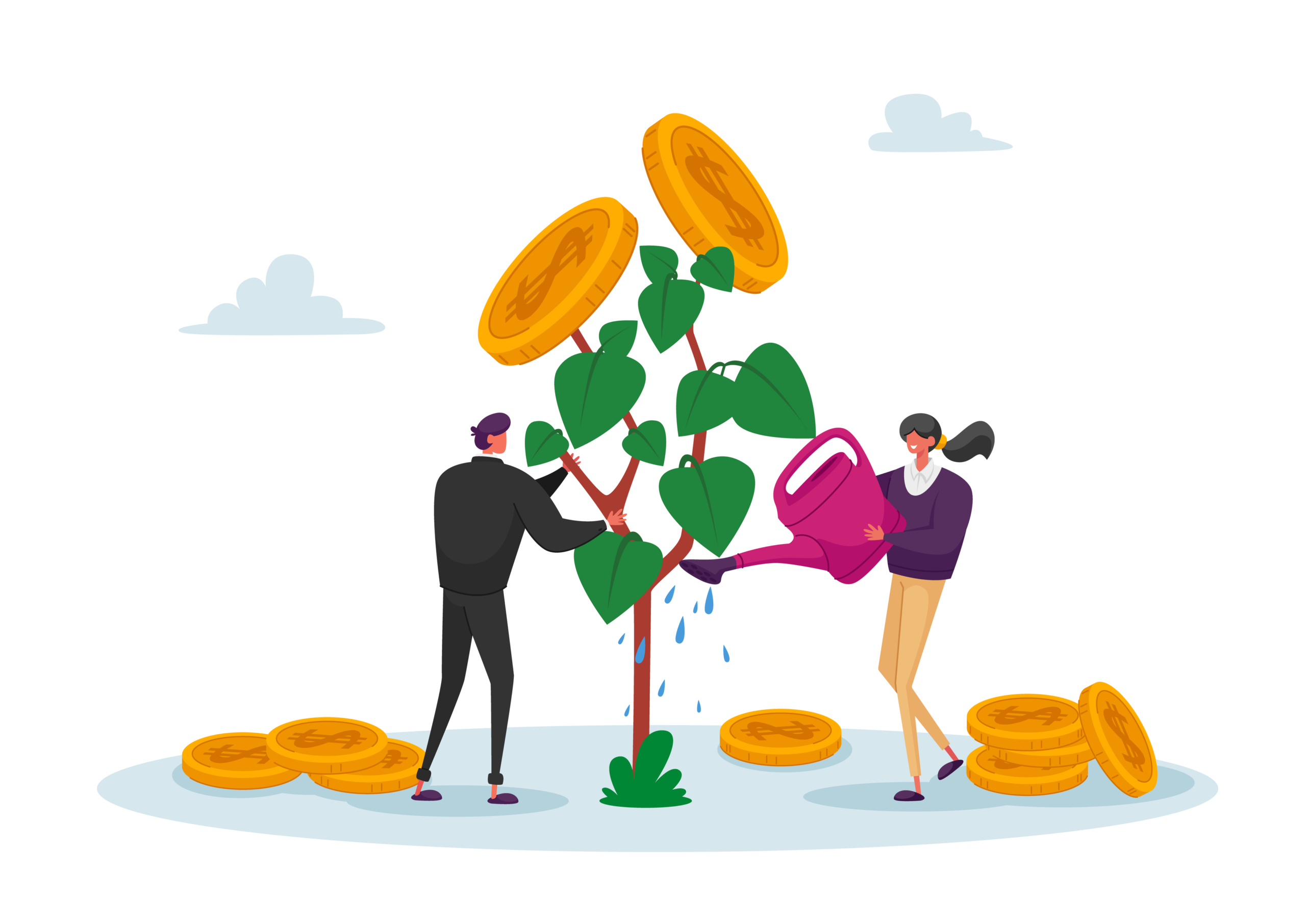 Business Man and Woman Characters Watering Money Tree, Growing Wealth Capital for Refund Care of Plant with Gold Coins Business Man and Woman Characters Watering Money Tree, Growing Wealth Capital for Refund Care of Plant with Gold Coins on Branch. Roi, Return on Investment Concept. Cartoon People Vector Illustration