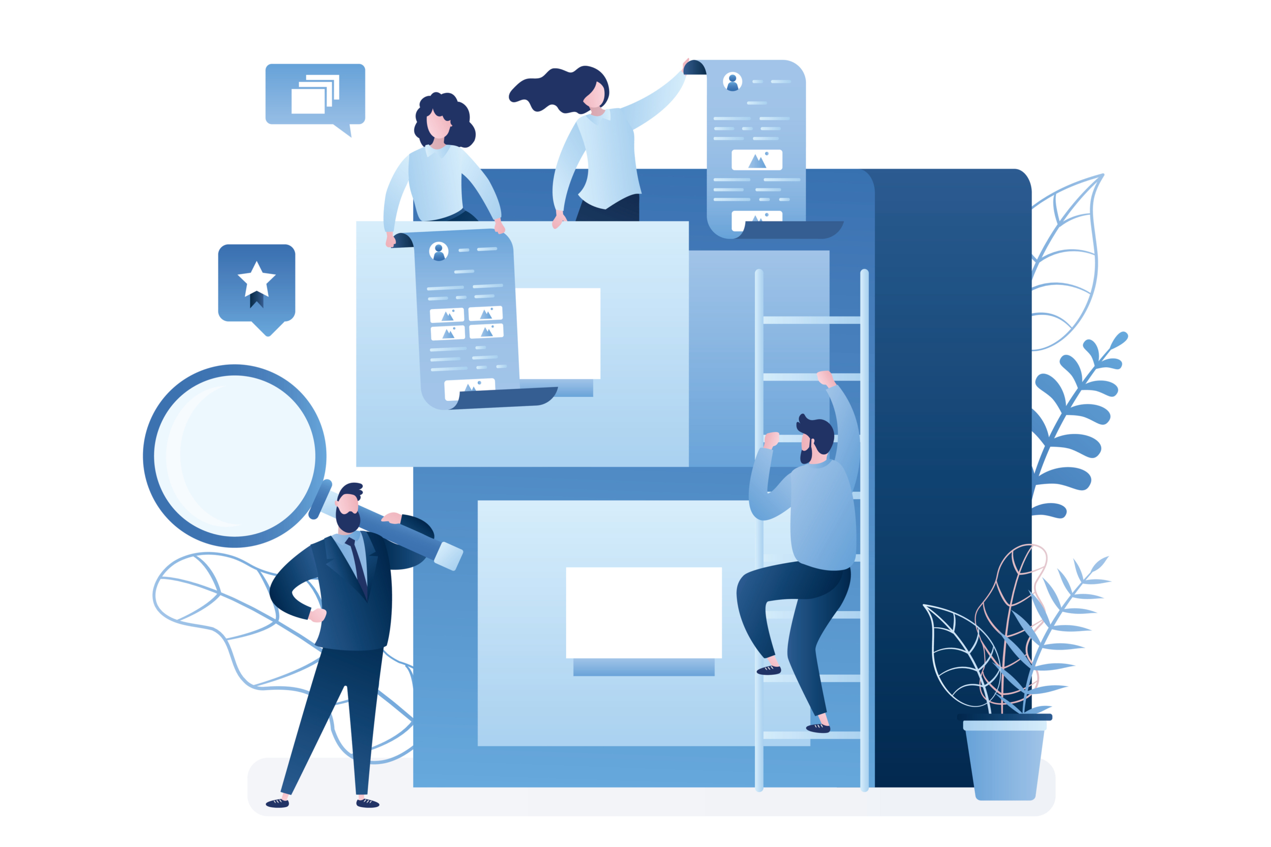 Quick files search. Document archiving and data storage. Various tiny business people and large database. Support service, teamwork. Quick files search. Document archiving and data storage. Various tiny business people and large database. Support service, teamwork. Male and female characters in trendy style.Flat Vector illustration