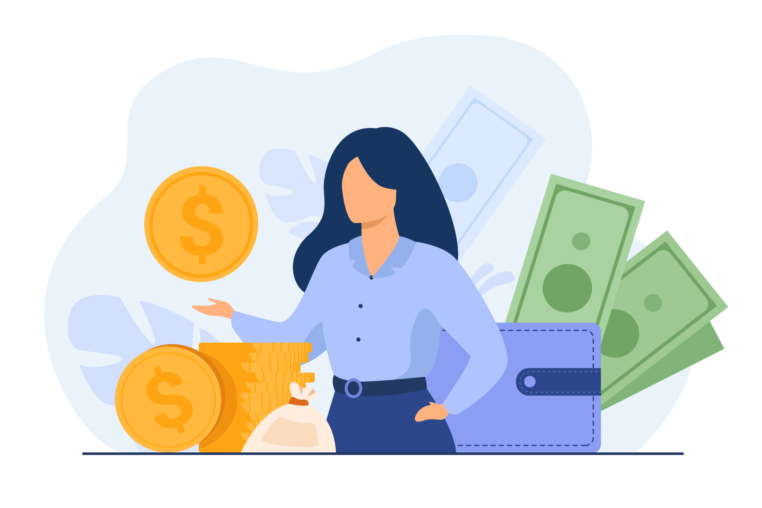 Banker offering loan Banker offering loan. Investor or entrepreneur getting income. Woman with heap of cash, sack and wallet. Vector illustration for finance, money, financial success, profit, business concept