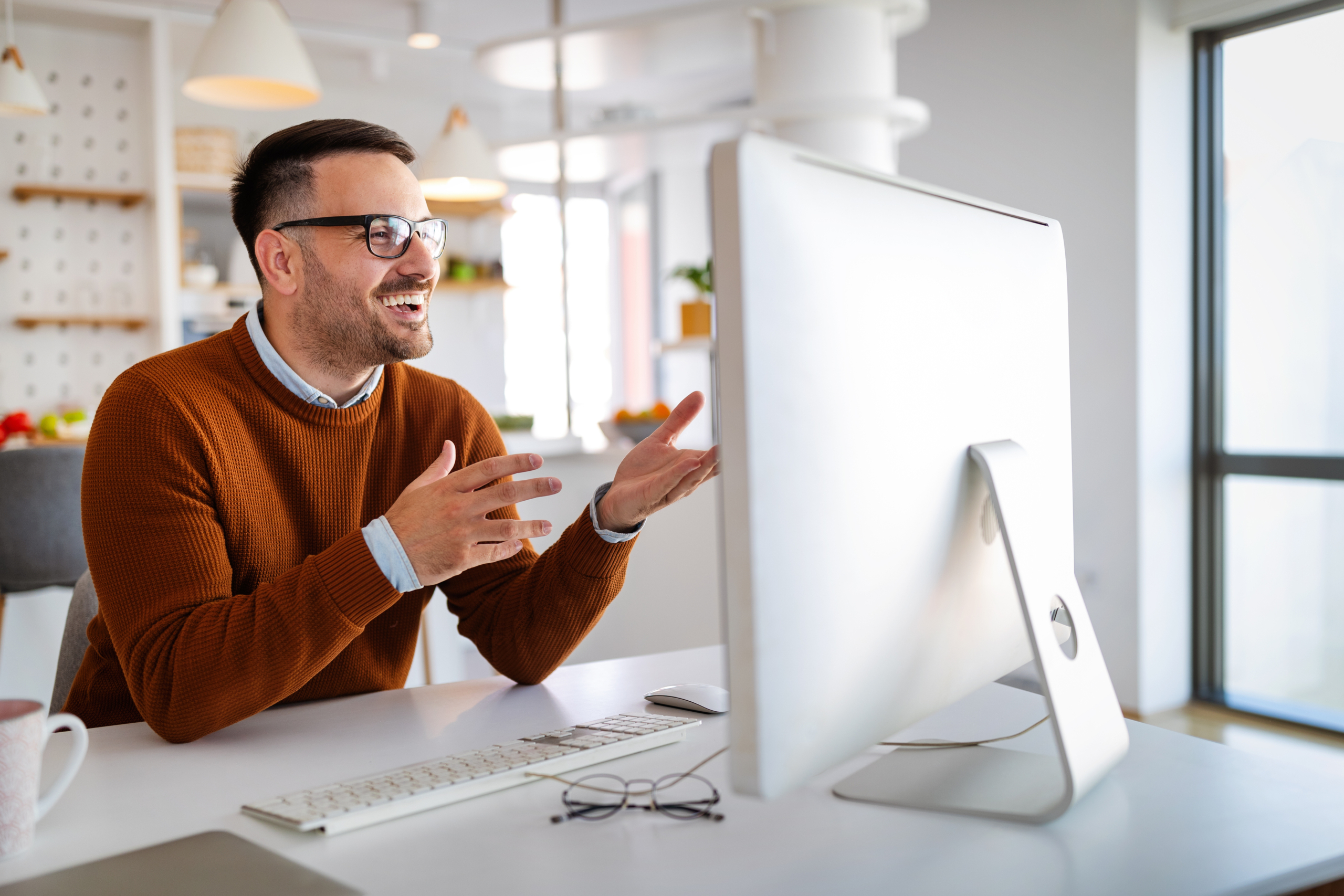 Confident businessman team leader lead group videoconference meeting. Home office concept Confident businessman team leader lead group videoconference meeting. Business, people, home office concept
