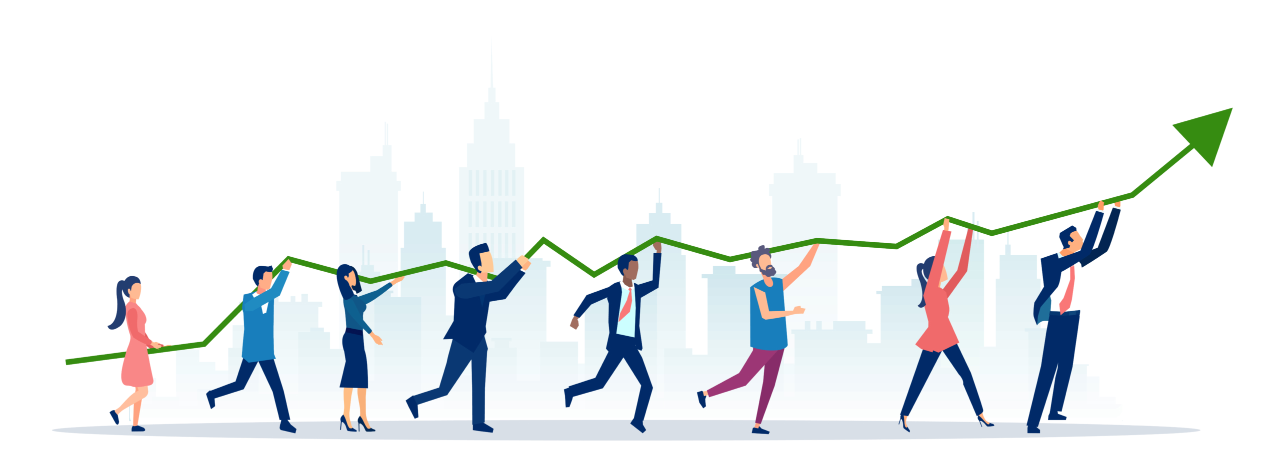 Vector of a group of people lifting up a financial graph and arrow Vector of a group of people lifting up a financial graph and arrow on a city background