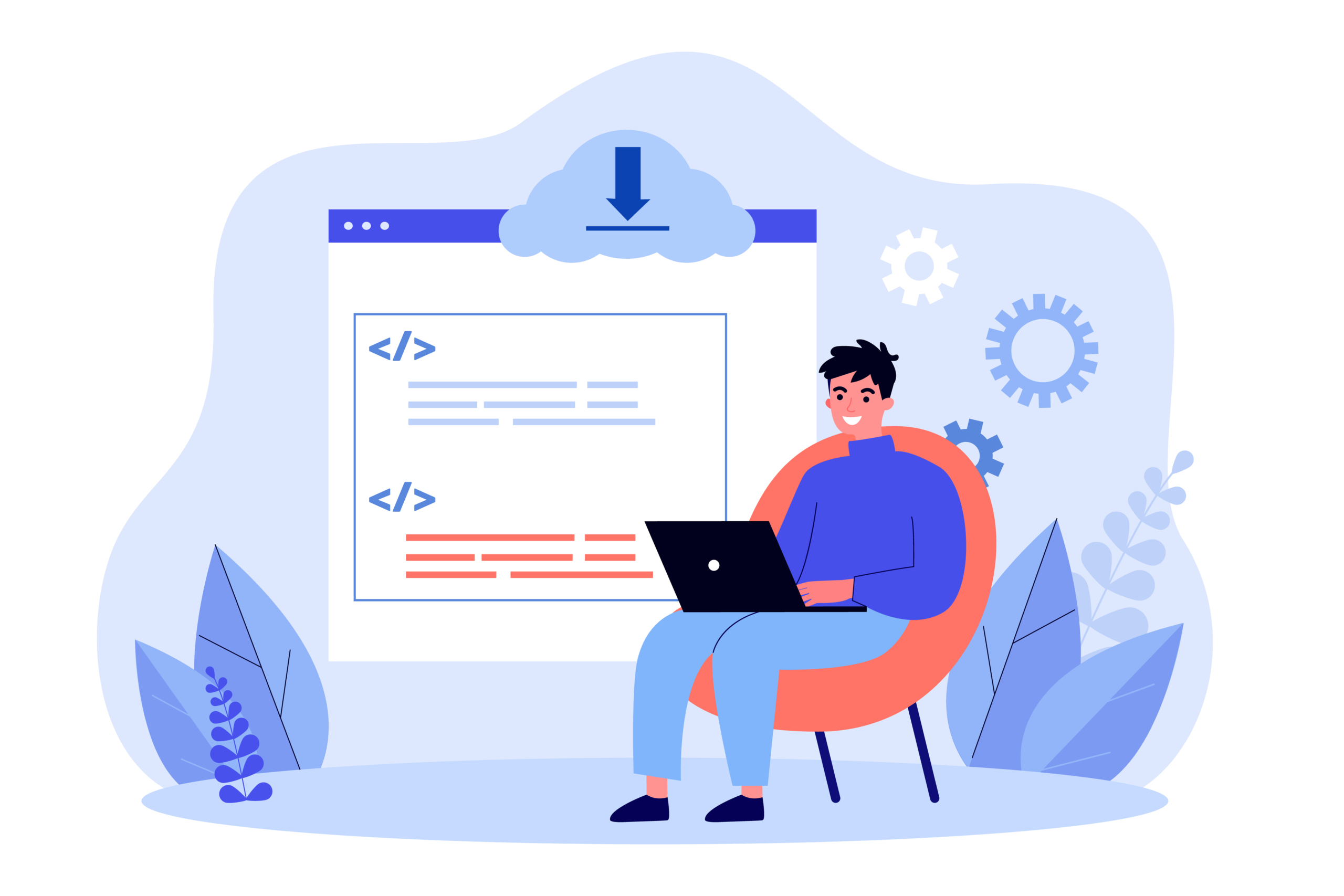 Programmer or developer with laptop creating app or website Programmer or developer with laptop creating app or website. System update, coding or programming flat vector illustration. Technology, software development concept for banner or landing web page