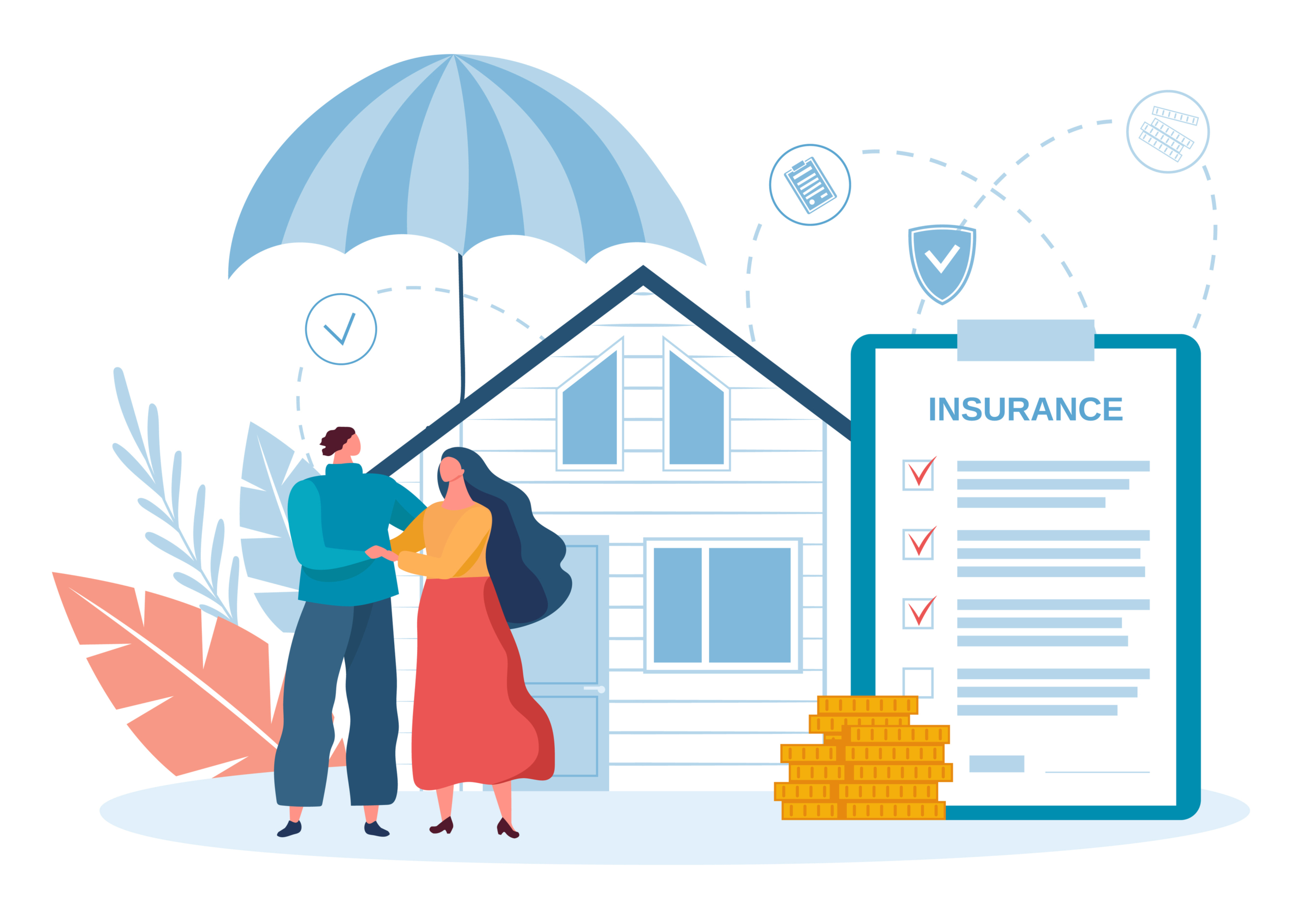 House property insurance, couple stay under umbrella with home House property insurance, couple stay under umbrella with home. Vector insurance and care family, house safety under umbrella illustration